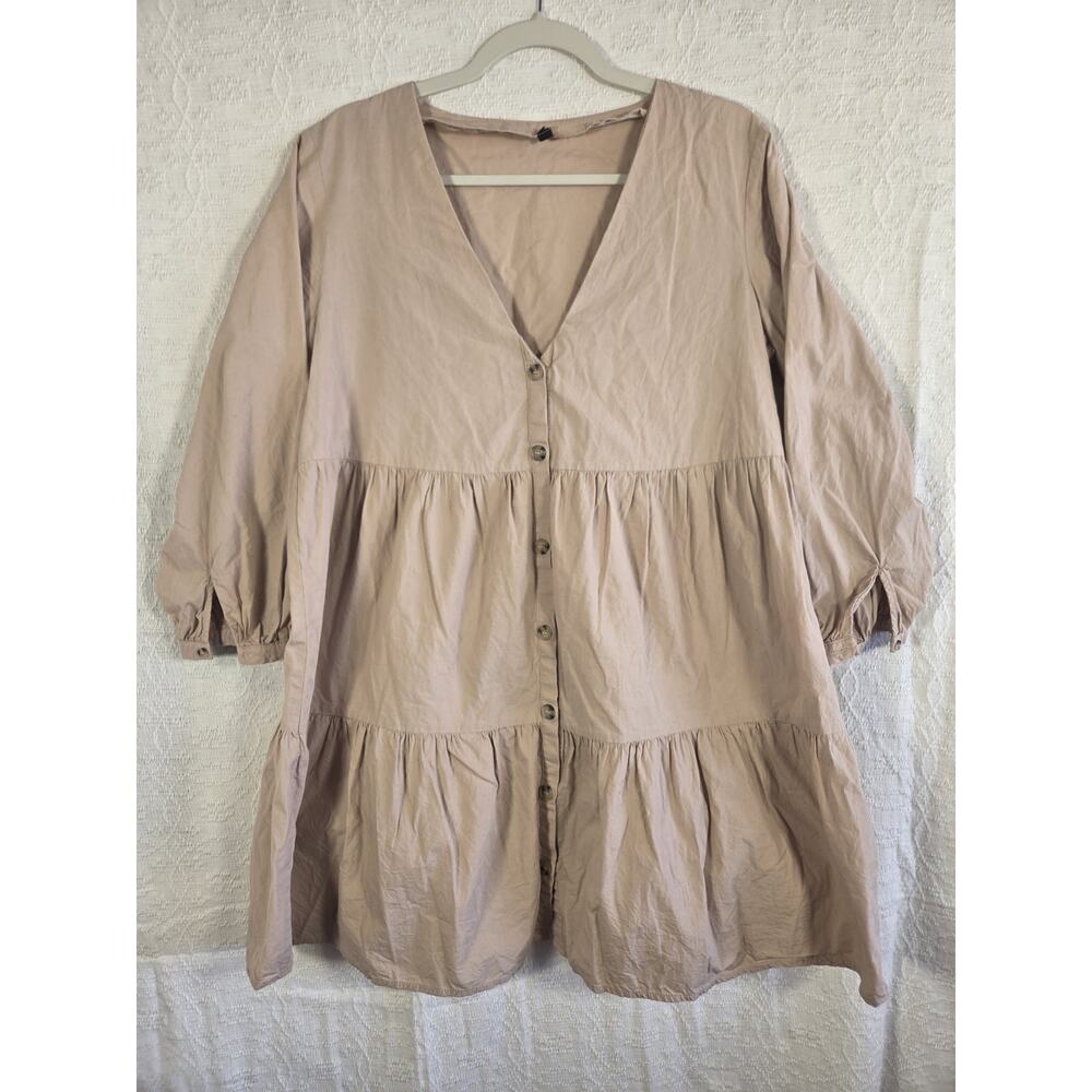 Women's 100% Cotton Babydoll Button Down Ruffle Beige‎ Dress Size L Cottagecore